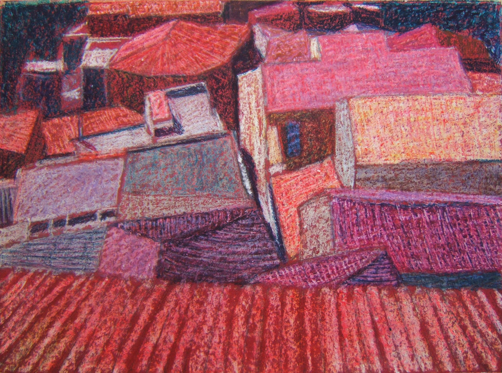 Bova háztetők II. - 2006 olajpasztell, ecoline, papír, 29x40 cm