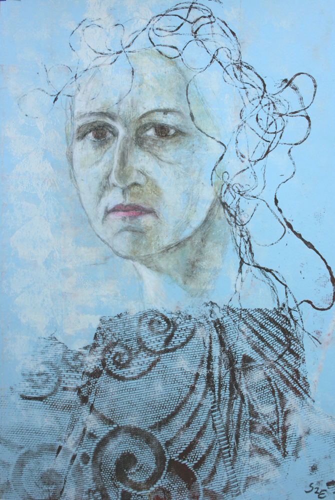 Önarckép porcelán fejjel - 2013 olajpasztell, papír, 50×33 cm